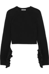 HELMUT LANG CROPPED RUFFLE-TRIMMED WOOL AND CASHMERE-BLEND SWEATER