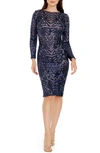 Dress The Population Emery Long Sleeve Sequin Cocktail Dress In Navy