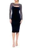 BETSY & ADAM BEADED ILLUSION NECK LONG SLEEVE VELVET COCKTAIL DRESS