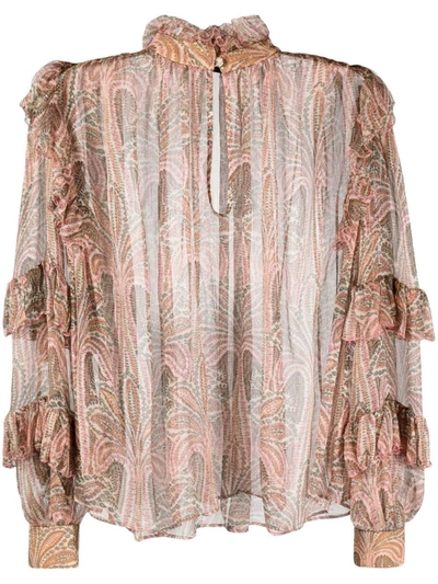 Etro Palms-print Ruffled-trim Semi-sheer Silk Blouse In Multicolor