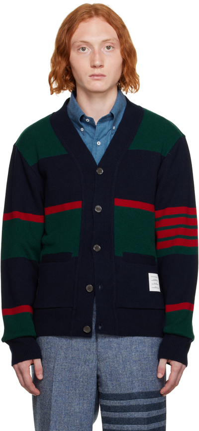 Thom Browne Striped Cardigan In Cashmere In Green_navy