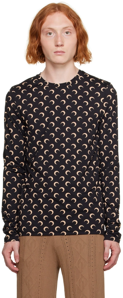 Marine Serre Black Crewneck Top With All-over Moon Print In Tech Fabric Stretch Woman