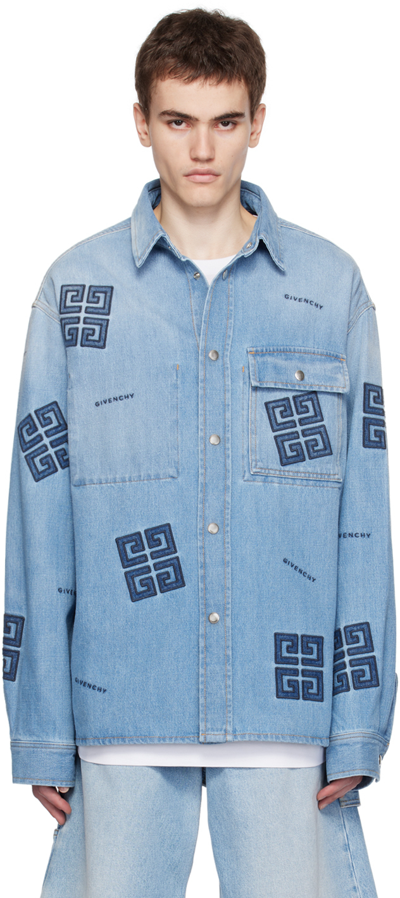 Givenchy Men's 4g Embroidered Denim Sport Shirt In Blue