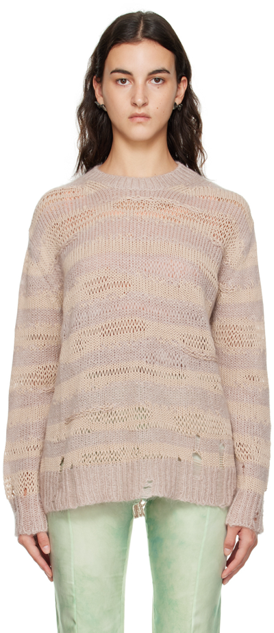 Acne Studios Distressed Striped Sweater In Warm Beige/ Champagne Beige