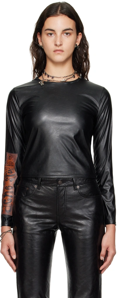 Acne Studios Black Crewneck Faux-leather Long Sleeve T-shirt In 900 Black