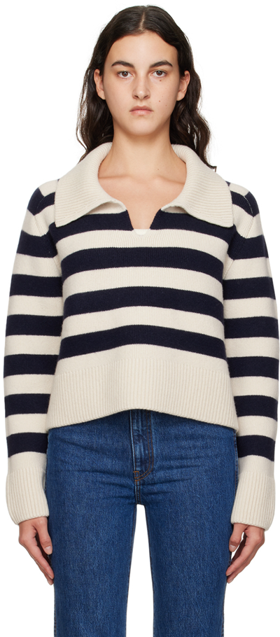 Khaite Franklin Stripe Collared Cashmere Sweater In Neutrals