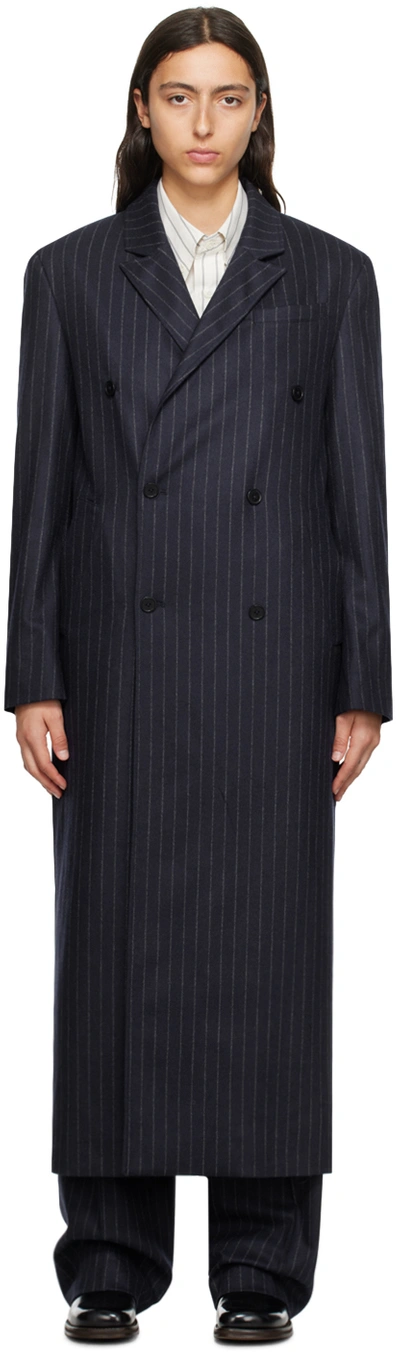 Loulou Studio Ido Pinstriped Wool Long Coat In Blue