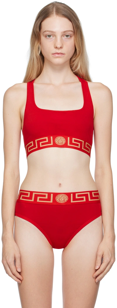 Versace Greca Logo Stretch Tech Sports Bra In Red