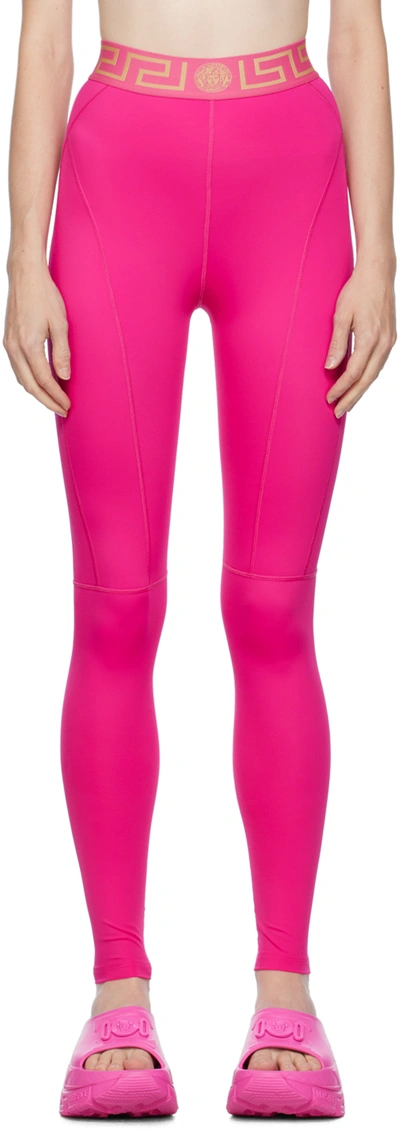 Versace La Greca Printed Waistband Leggings In Pink