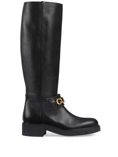 Gucci Logo-plaque Leather Boots In Black