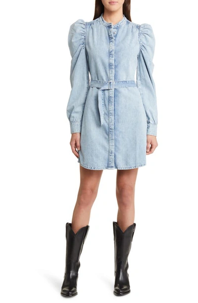 Frame Gillian Belted Puff Shoulder Long Sleeve Denim Dress In Light Denim