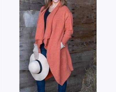 Vld Long Open Front Cardigan In Coral Orange Rust In Pink