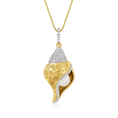 Ross-simons 6mm Cultured Pearl And . White Topaz Seashell Pendant Necklace In 18kt Gold Over Sterling