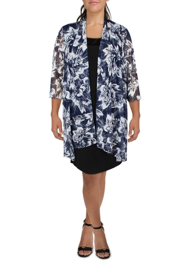 R & M Richards Plus Womens Mesh Printed Duster Blazer In Blue