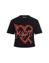 MSGM BLACK SHORT T-SHIRT WITH LOGO AND HEART PRINT