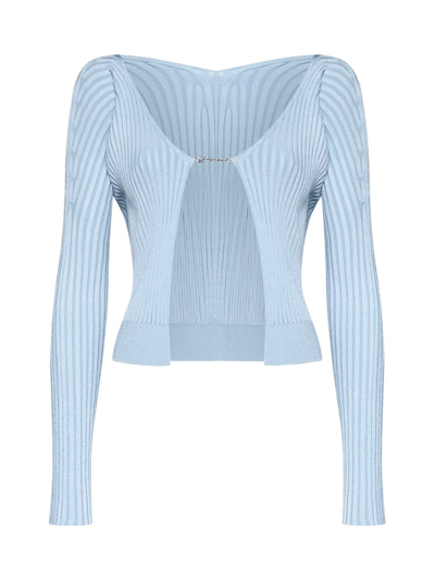 Jacquemus Logo Plaque Knitted Cardigan In Blue