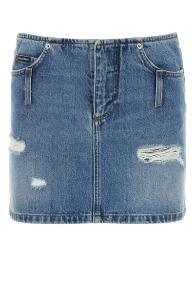 Dolce & Gabbana Waist Belted Distressed Denim Skirt In Blue