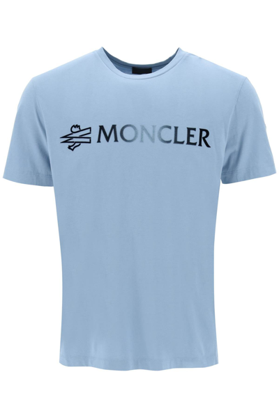 Moncler Blue Flocked T-shirt In Light Blue