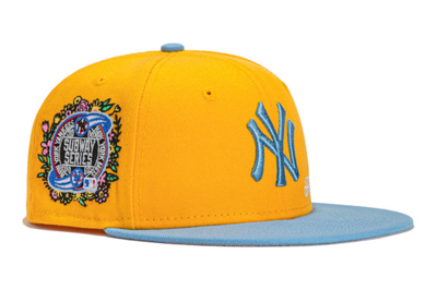 Pre-owned New Era X Hat Club Exclusive Jae Tips Forever New York Yankees 2000 Subway Series Patch 59fifty Fitt In Gold/light Blue