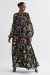 Florere Black  Print Sleeve Midi Dress In Black
