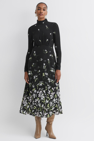 Florere Black  Floral High Neck Midi Dress