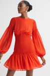 Florere Bright Orange  Round Neck Shirred Mini Dress In Bright Orange