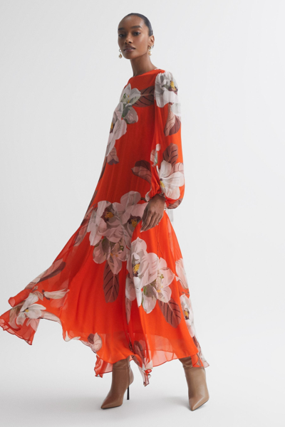 Florere Orange  Floral Asymmetric Midi Dress