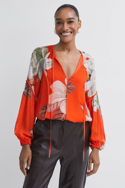 Florere Orange  Sheer Floral Tie Neck Blouse