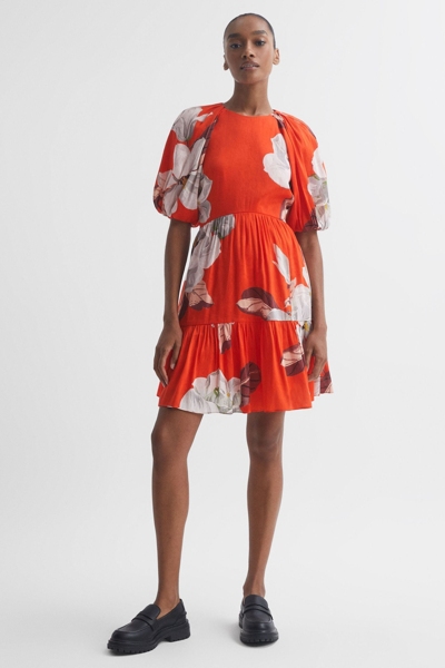 Florere Orange  Linen Silk Puff Sleeve Mini Dress