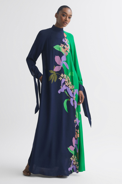 Florere Floral Tie Cuff Maxi Dress In Navy/green