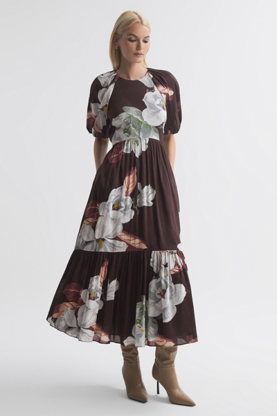 Florere Chocolate  Linen Silk Puff Sleeve Midi Dress