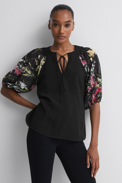 Florere Black  Floral Puff Sleeve Top