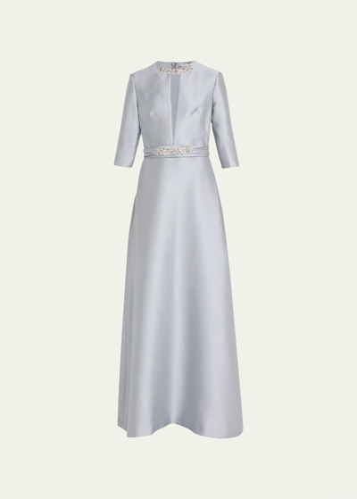 Reem Acra Bead-embellished Mikado Keyhole Kaftan In Light Grey