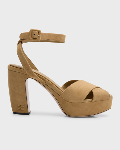 Miu Miu Suede Crisscross Platform Sandals In Ecru