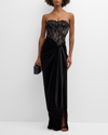 BRONX AND BANCO GINA DRAPED STRAPLESS LACE & VELVET GOWN
