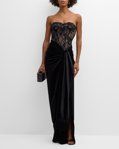 Bronx And Banco Gina Draped Strapless Lace & Velvet Gown In Black