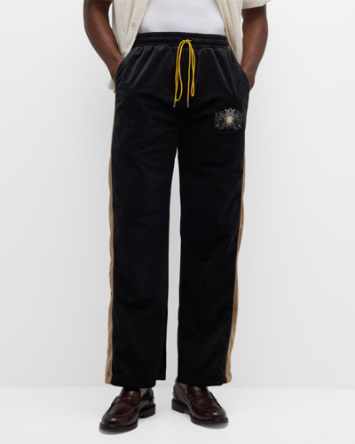 Rhude Men's Velvet Crest Side-stripe Track Pants In Black/khak