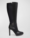 NEROGIARDINI LOGO BUCKLE LEATHER KNEE BOOTS