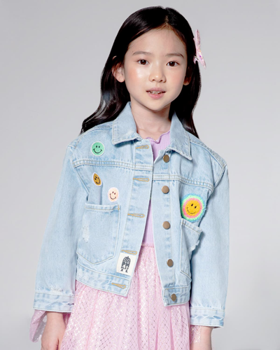 Petite Hailey Kids' Girl's Happy Face Patched Denim Jacket In Blue