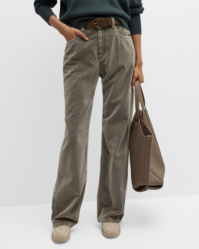 Brunello Cucinelli 5-pocket Vintage Washed Velvet Straight-leg Trousers In Gray