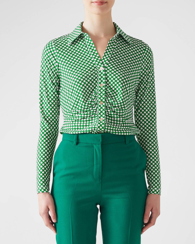 Lk Bennett Molly Ruched Polka-dot Button-down Top In Green