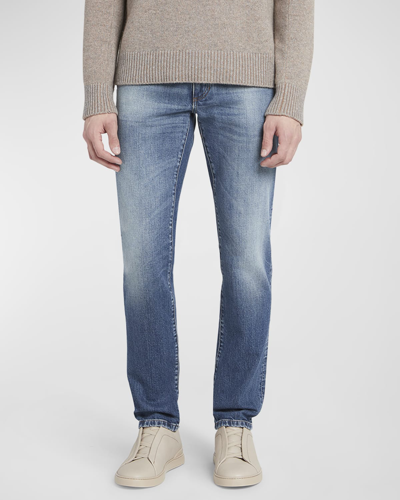 Zegna Men's Washed Denim Straight Leg Jeans In Bright Blue Solid