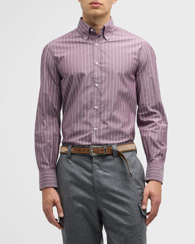 Brunello Cucinelli Men's Cotton Stripe Sport Shirt In Purple