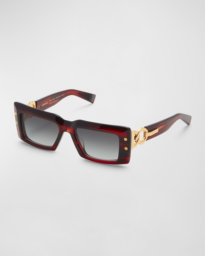 Balmain Gradient Chain Acetate Rectangle Sunglasses In Red Gold