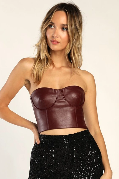 Lulus Date Night Pick Wine Vegan Leather Bustier Strapless Crop Top In Red