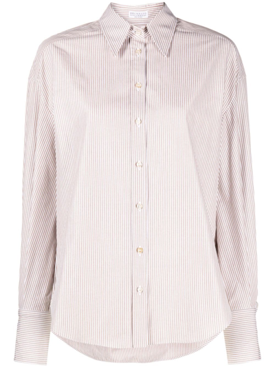 Brunello Cucinelli Striped Long-sleeve Shirt In Brown,white