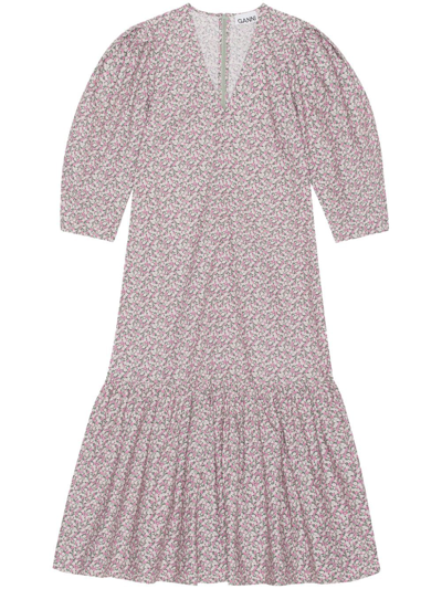 Ganni Floral-print Organic Cotton Dress In Grey