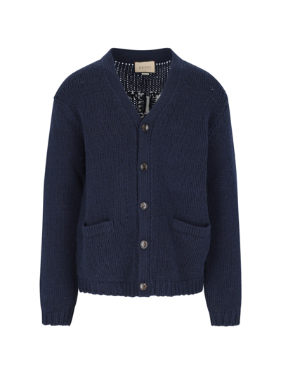 Gucci Intarsia-knit Logo Wool Cardigan In Blue