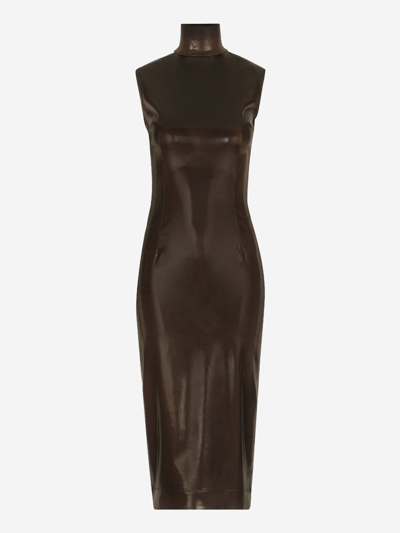 Dolce & Gabbana Sleeveless Calf-length Dress In Shiny Satin In Brown