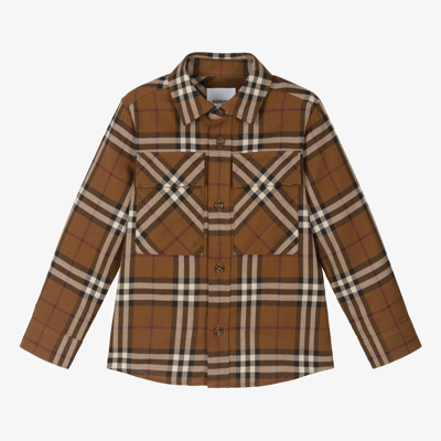 Burberry Kids' 格纹图案棉衬衫 In Brown